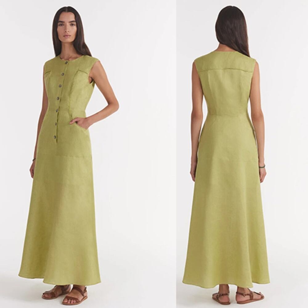 NEW Saloni  Sierra Shirt Sleeveless Frayed Linen Trim Maxi Dress Green Size: 2